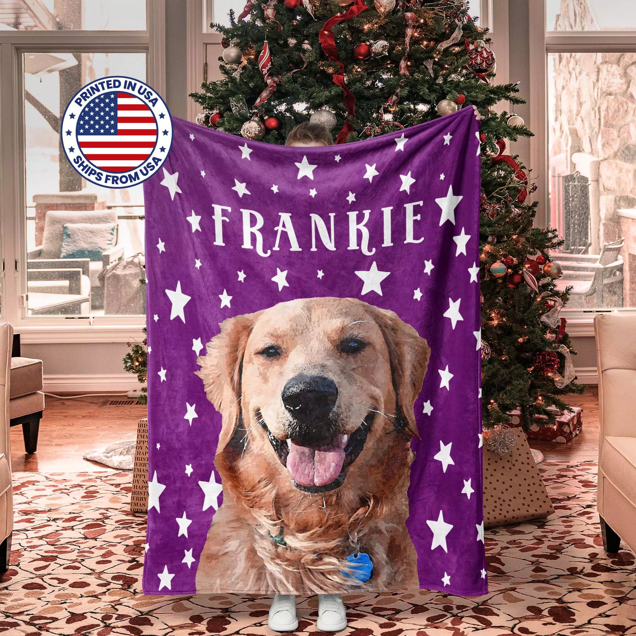 Purple Christmas dog blanket with a dog's face and 'FRANKIE' text, displayed in a room with a Christmas tree.