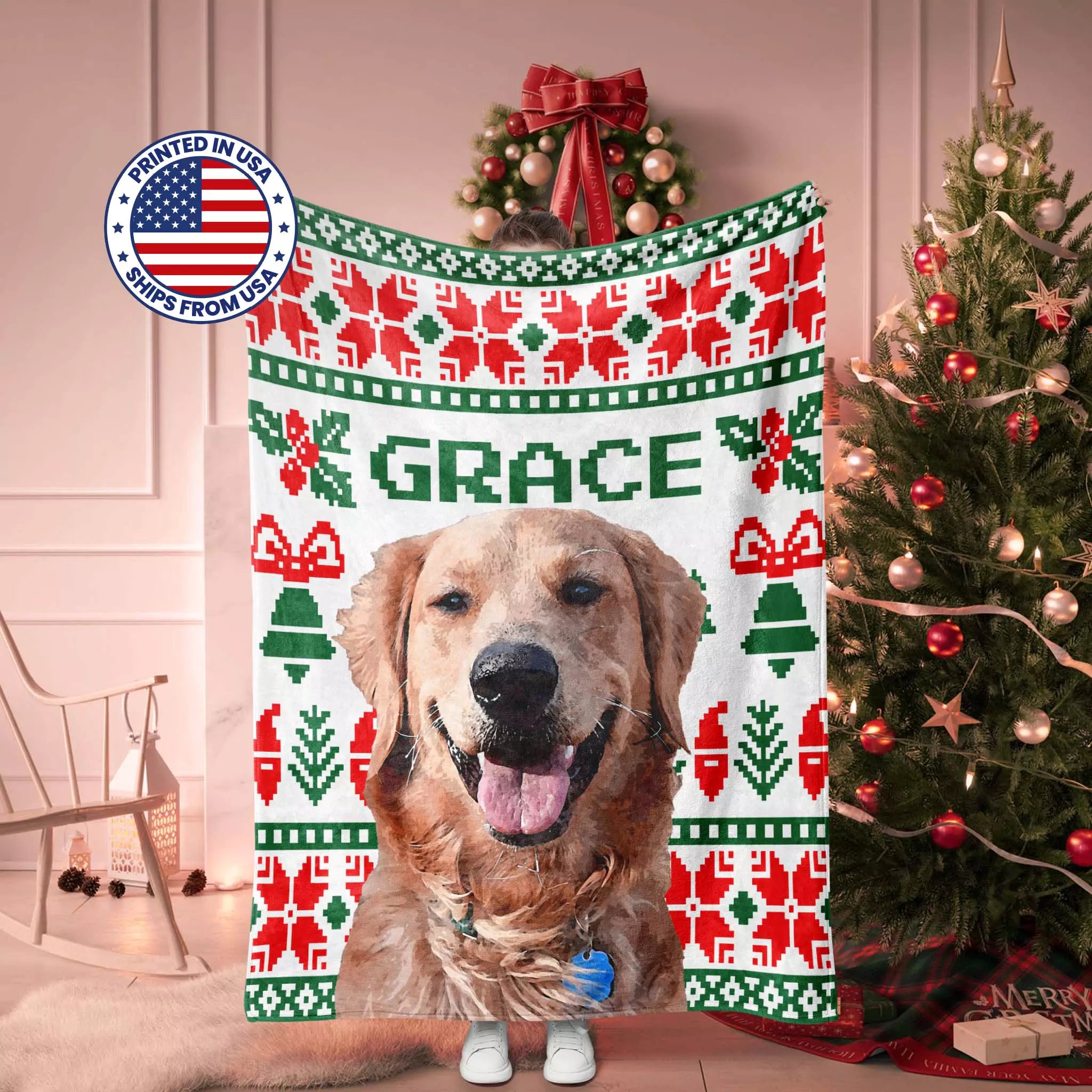 Person holding a personalized Christmas ugly sweater custom made dog blanket featuring the name 'Grace' in a festive setting.