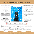 Pet blanket with a dog's photo on a blue background with white stars, featuring text about customization and product details.
