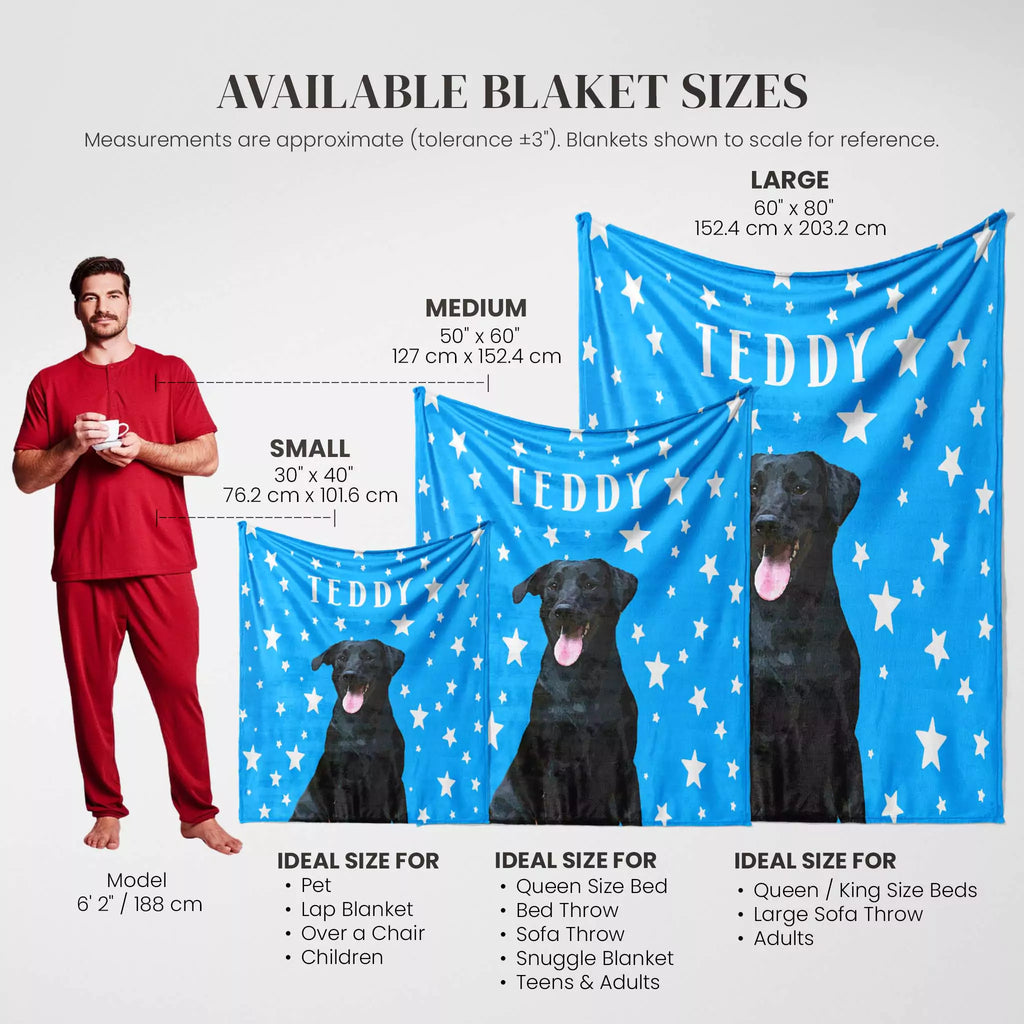 Blue dog blanket with black dogs and 'TEDDY' branding, showing available sizes and uses.