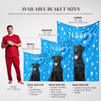Blue dog blanket with black dogs and 'TEDDY' branding, showing available sizes and uses.