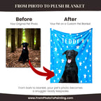 Before and after comparison of a black dog on a blue dog blanket with 'TEDDY' printed on it, featuring the website www.FromPhotoToPainting.