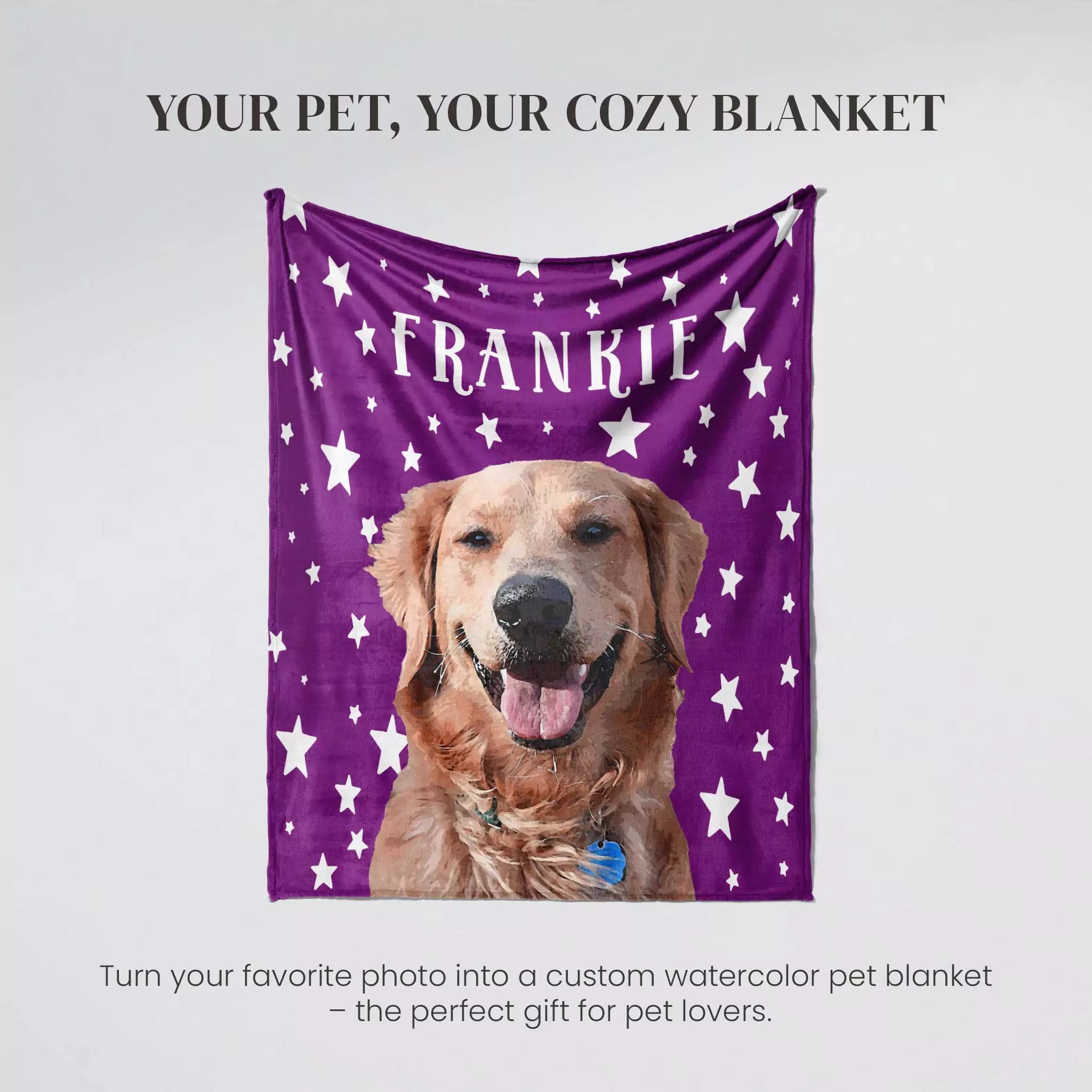 Personalized pet blanket with a dog's face on a purple background with stars, featuring the name 'Frankie'.