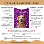 Pet blanket with a dog's face on a purple background, featuring text about customization and product details.