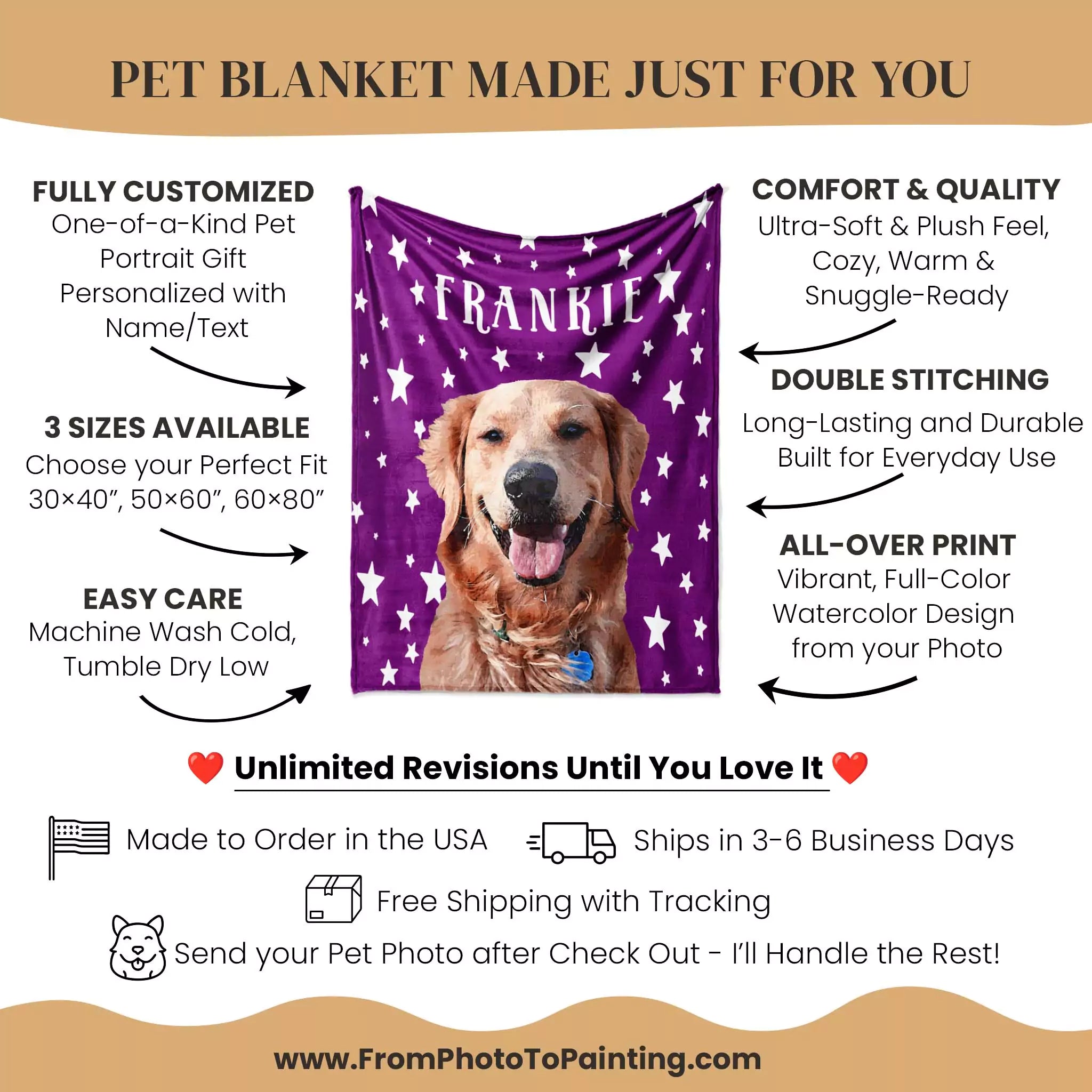 Pet blanket with a dog's face on a purple background, featuring text about customization and product details.