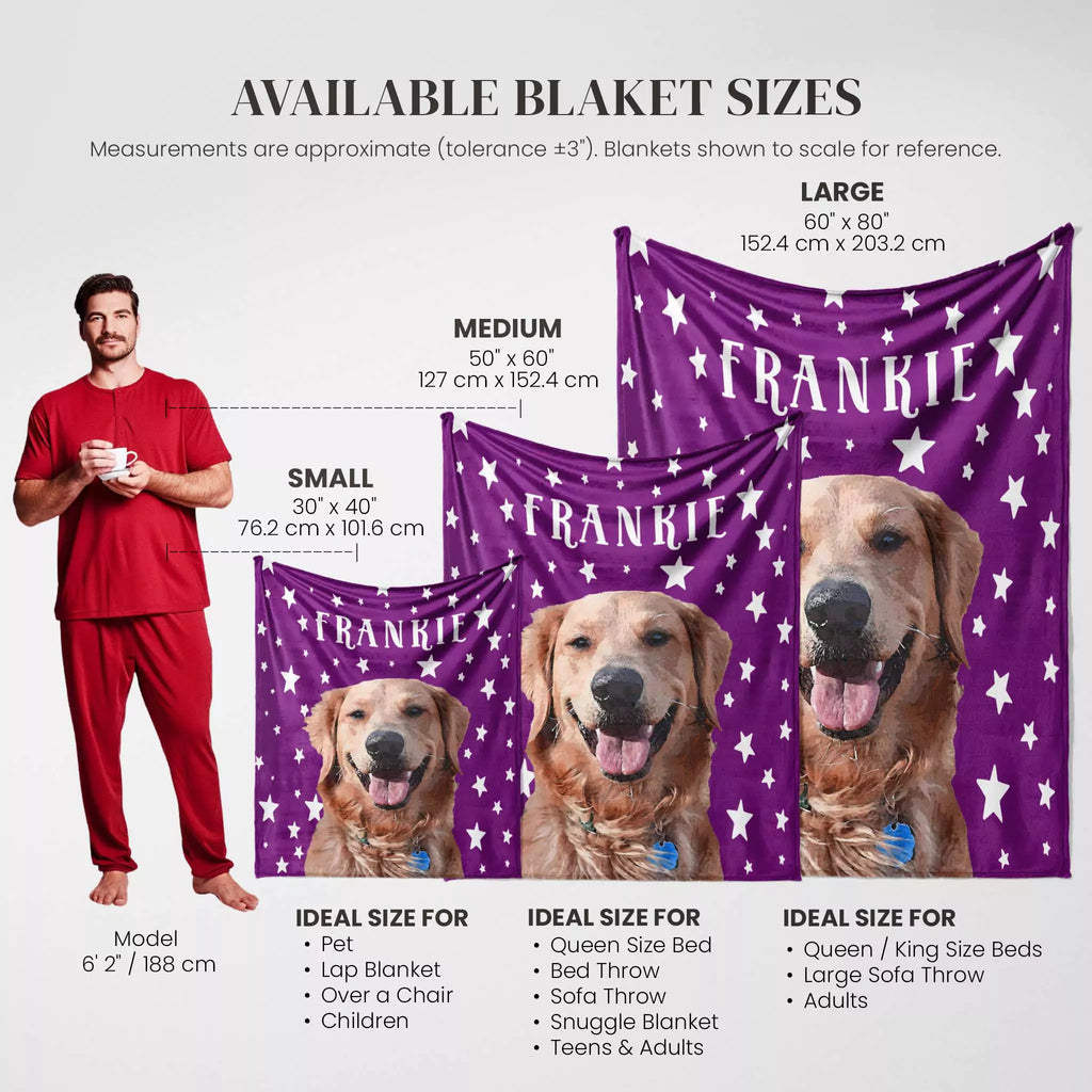 Purple dog blanket with dog images and size chart for different blanket sizes.