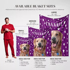 Purple dog blanket with dog images and size chart for different blanket sizes.