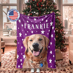 Purple Christmas dog blanket with a dog's face and 'FRANKIE' text, displayed in a room with a Christmas tree.
