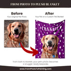 Before and after comparison of a pet photo on a custom pet blanket with the name 'Frankie'.