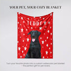 Red dog blanket with white stars and a black dog on a gray background, featuring text 'Your Pet, Your Cozy Blanket' and 'Teddy'.