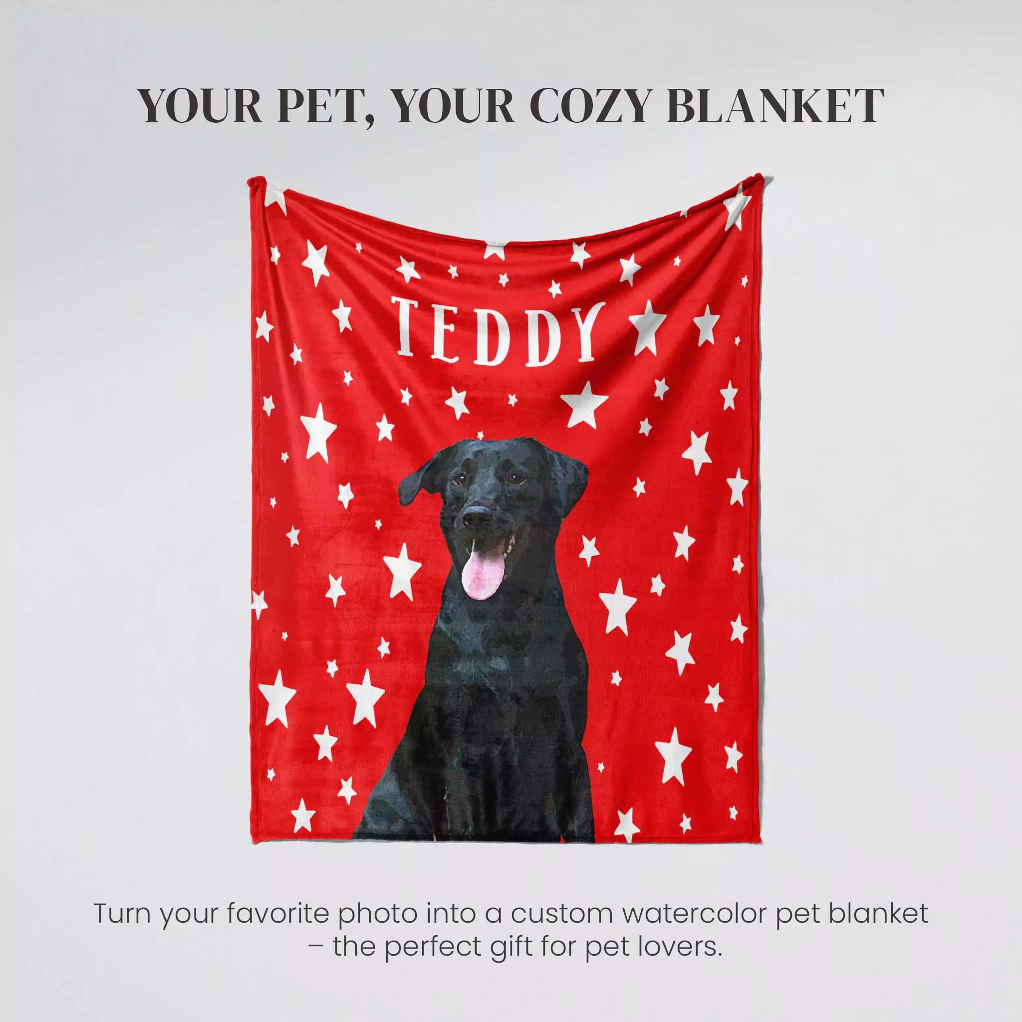 Red dog blanket with white stars and a black dog on a gray background, featuring text 'Your Pet, Your Cozy Blanket' and 'Teddy'.