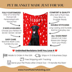Pet blanket with a black dog on a red background, featuring text about the product's features and customization options.