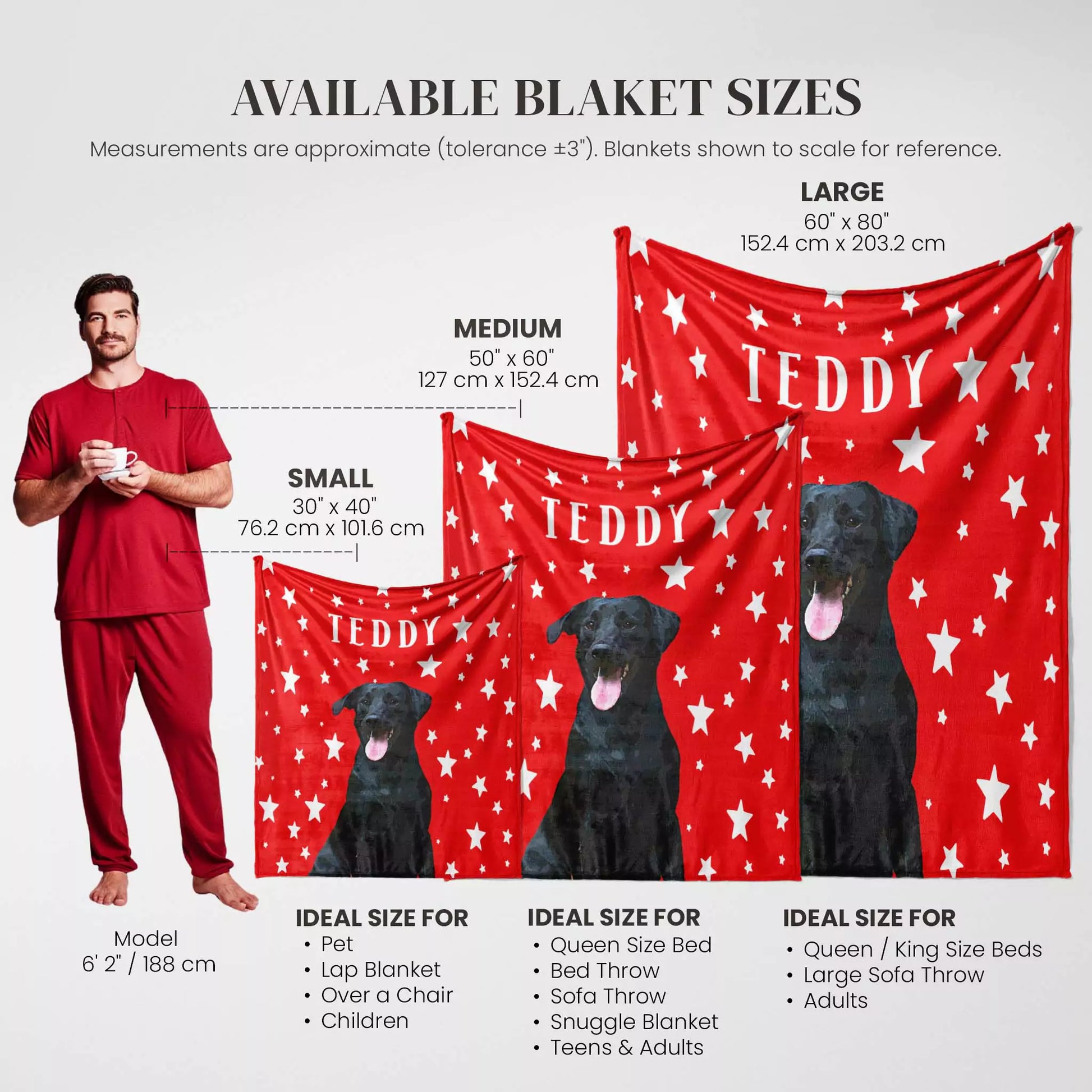 Red custom dog blanket with black dog design and size chart for different blanket sizes.