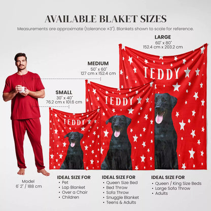 Red custom dog blanket with black dog design and size chart for different blanket sizes.