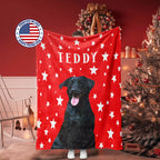 Red dog blanket with a black dog illustration and 'TEDDY' text, displayed in a room with a Christmas tree.
