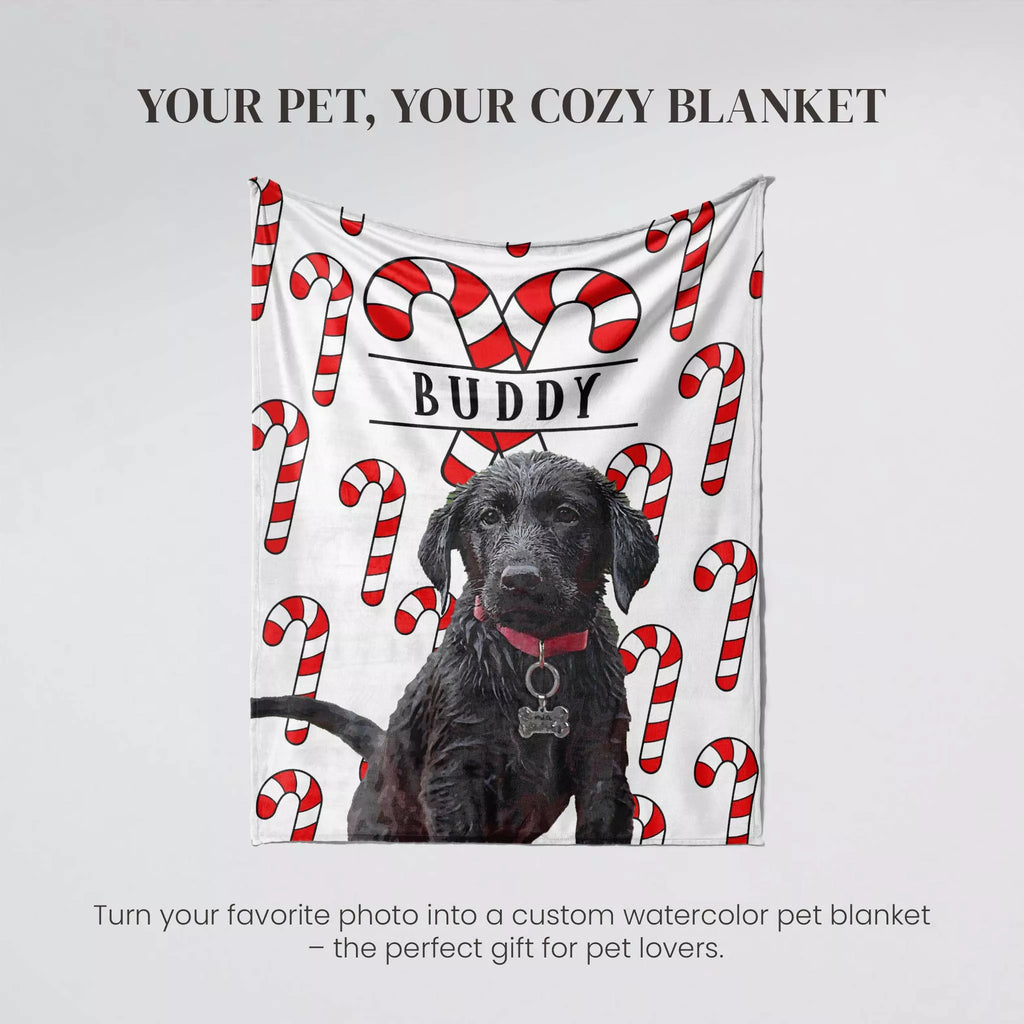 Personalized dog Black Retriever blanket with candy cane pattern and a dog's photo, on a light gray background.