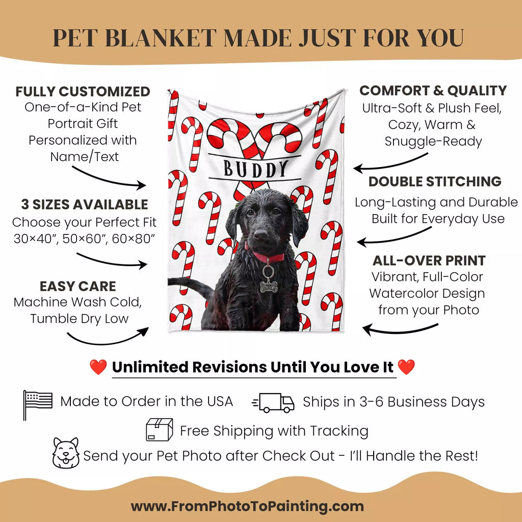 Pet blanket with candy cane design and Black Retriever dog photo, featuring customization options and product details.