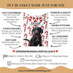 Pet blanket with candy cane design and Black Retriever dog photo, featuring customization options and product details.