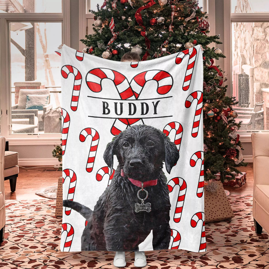 Blanket with a Black Retriever dog and candy cane design in front of a Christmas tree