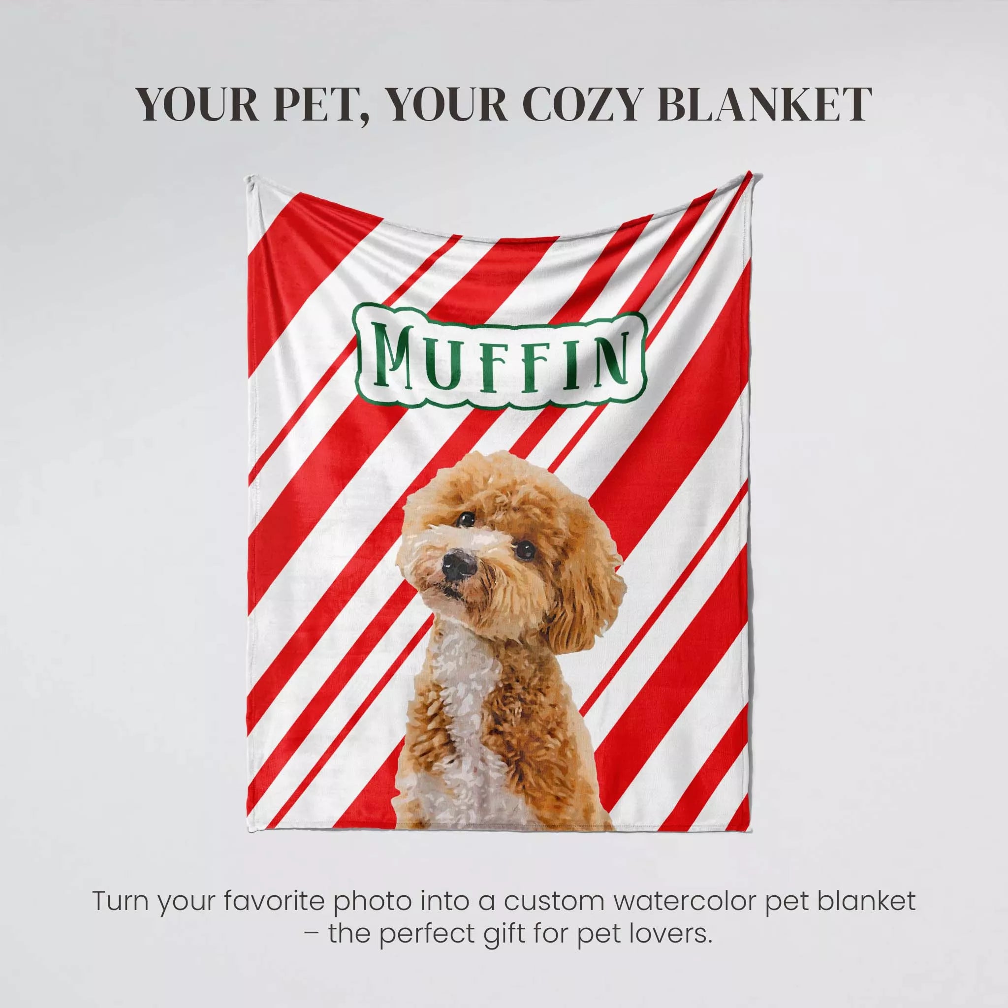 Red and white striped blanket with a Poodle dog and 'Muffin' text on a gray background