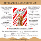 Pet blanket with red and white stripes featuring a Poodle dog, promotional text about customization and features, and branding elements.