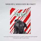 Christmas blanket with red and white stripes featuring a black pug and the name 'Archie'.