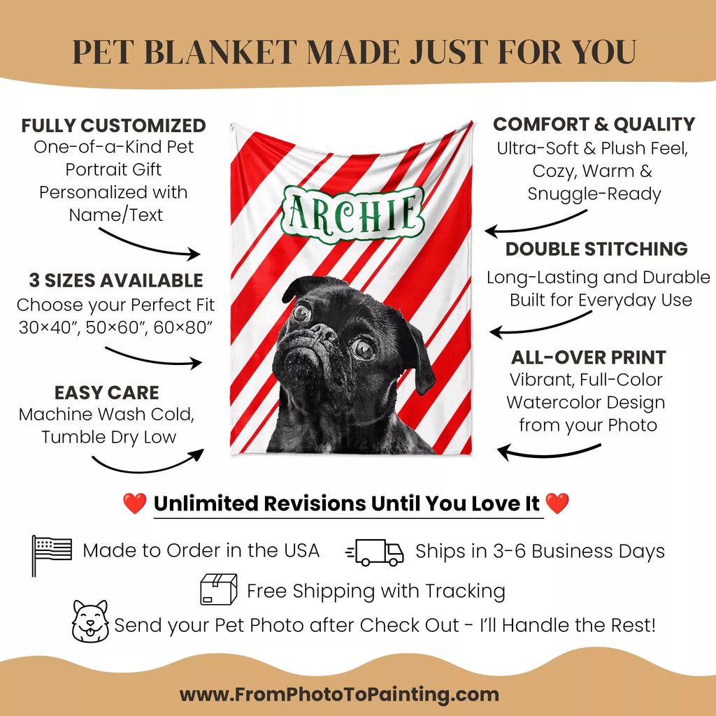 Dog blanket with a dog's face on a red and white striped background, featuring text about the product's features and customization options.