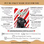 Dog blanket with a dog's face on a red and white striped background, featuring text about the product's features and customization options.