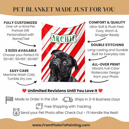 Christmas Dog Blanket Custom Made for Pug Dog - FromPhotoToPainting
