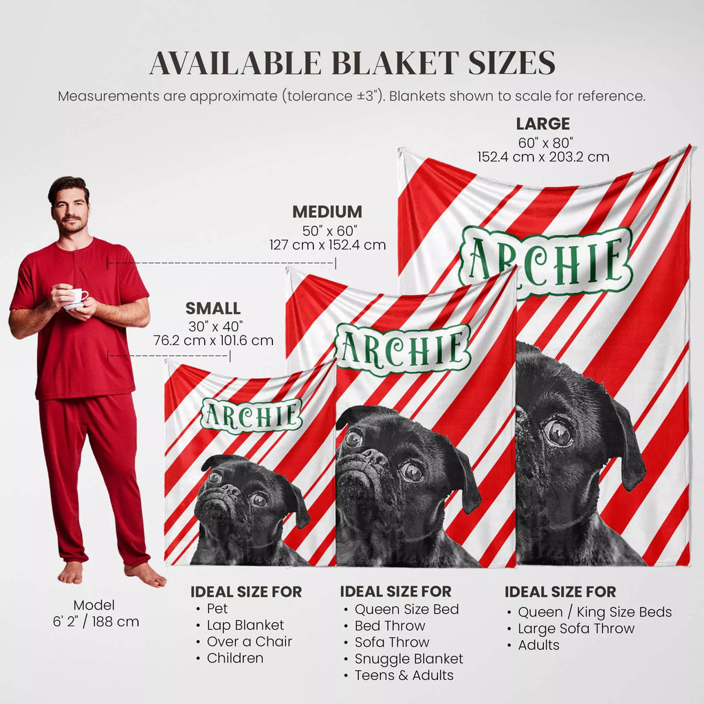 Christmas dog blanket with 'Archie' Pug dog branding and size chart, showing a person for scale.