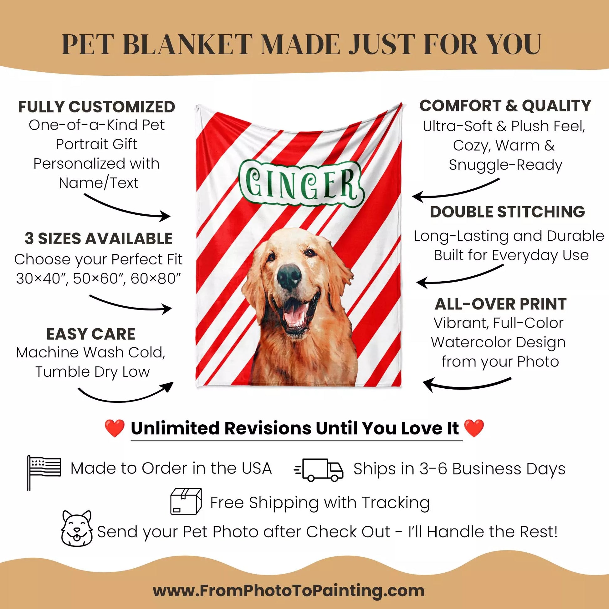 Custom Made Christmas Dog Blanket Golden Retriever - FromPhotoToPainting