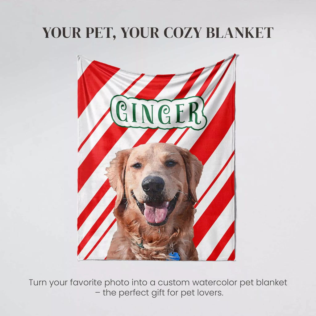 Custom Golden Retriever dog blanket with a dog's photo and 'GINGER' text on a Christmas pattern background.