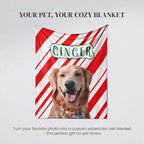 Custom Golden Retriever dog blanket with a dog's photo and 'GINGER' text on a Christmas pattern background.
