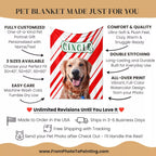 Pet blanket with a dog's photo on a red and white striped background, featuring text about the product's features and customization options.