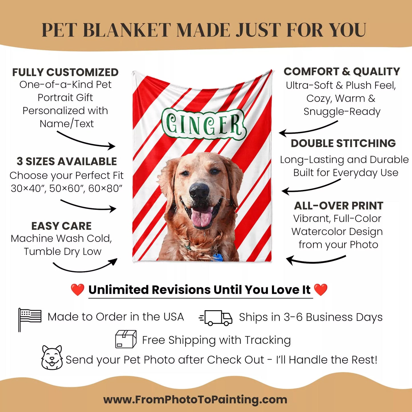 Christmas Dog Blanket for Couch with Golden Retriever - FromPhotoToPainting