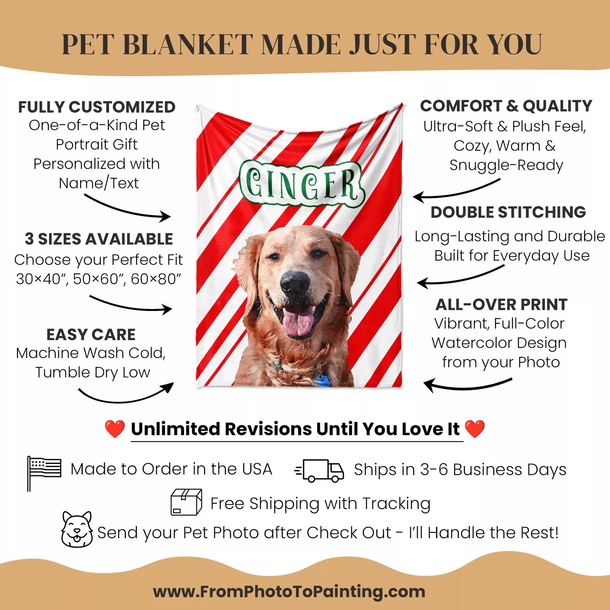 Christmas Dog Blanket for Couch with Golden Retriever - FromPhotoToPainting