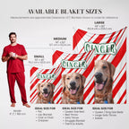 Golden Retriever dog blanket sizes with a man and dogs for scale on a white background
