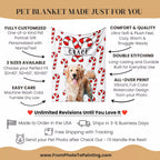 Pet Golden Retriever blanket with candy cane design and a dog's photo, featuring customization options and product details.