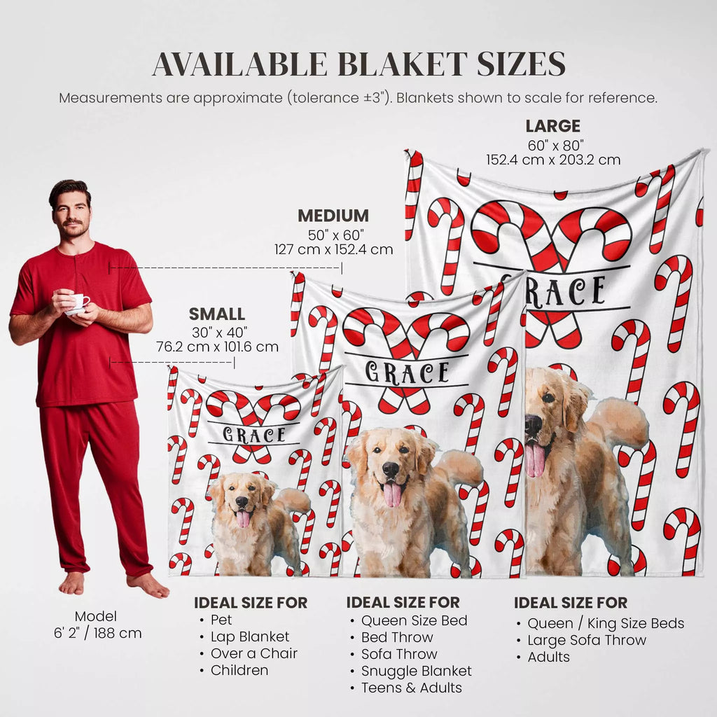 Golden Retriever dog blanket with candy cane pattern and dog images, showing available sizes and measurements.