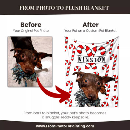 Christmas Patterned Custom Made Portrait Dog Blanket for Wiener Dog - FromPhotoToPainting