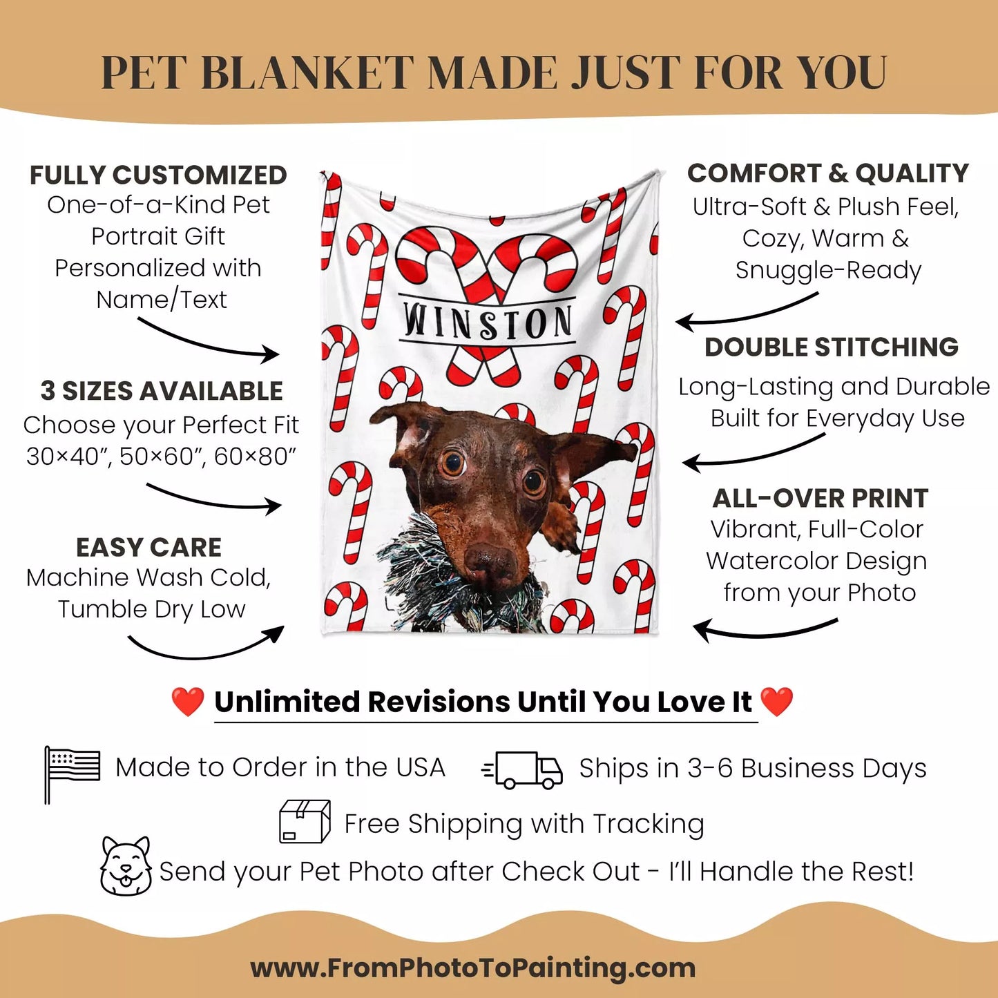 Christmas Patterned Custom Made Portrait Dog Blanket for Wiener Dog - FromPhotoToPainting