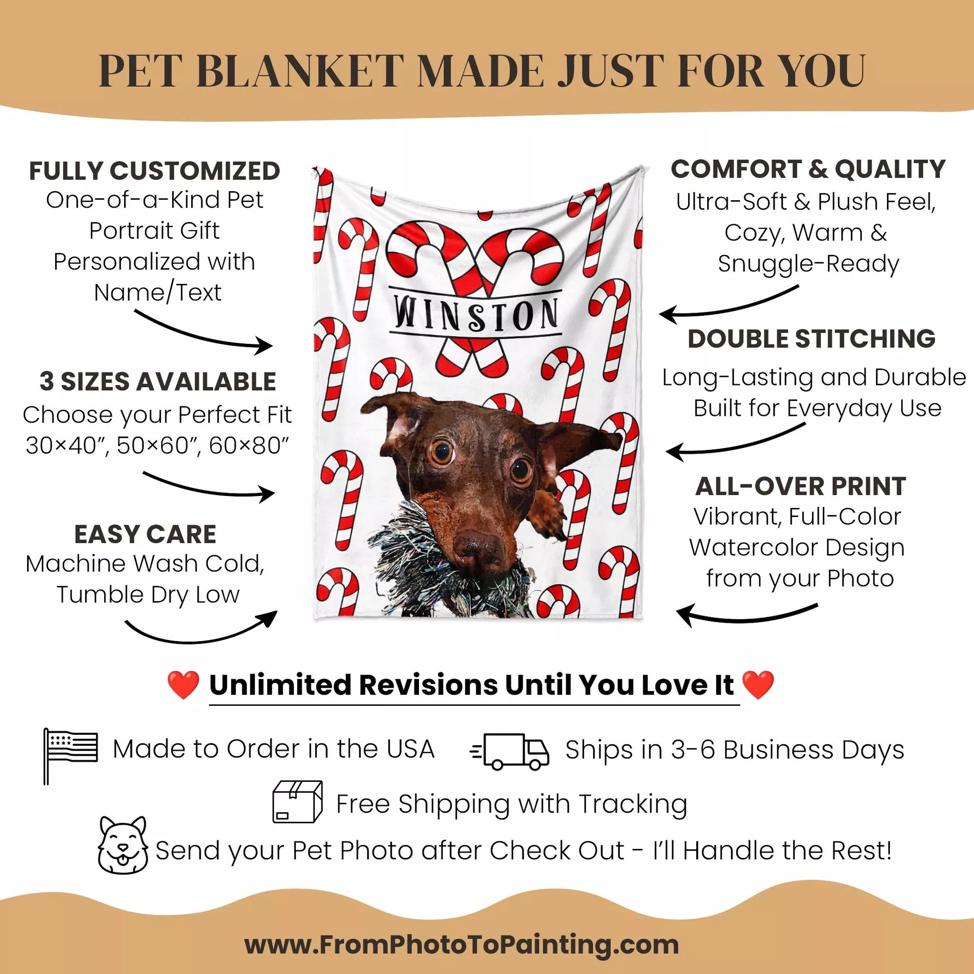 Christmas Patterned Custom Made Portrait Dog Blanket for Wiener Dog - FromPhotoToPainting