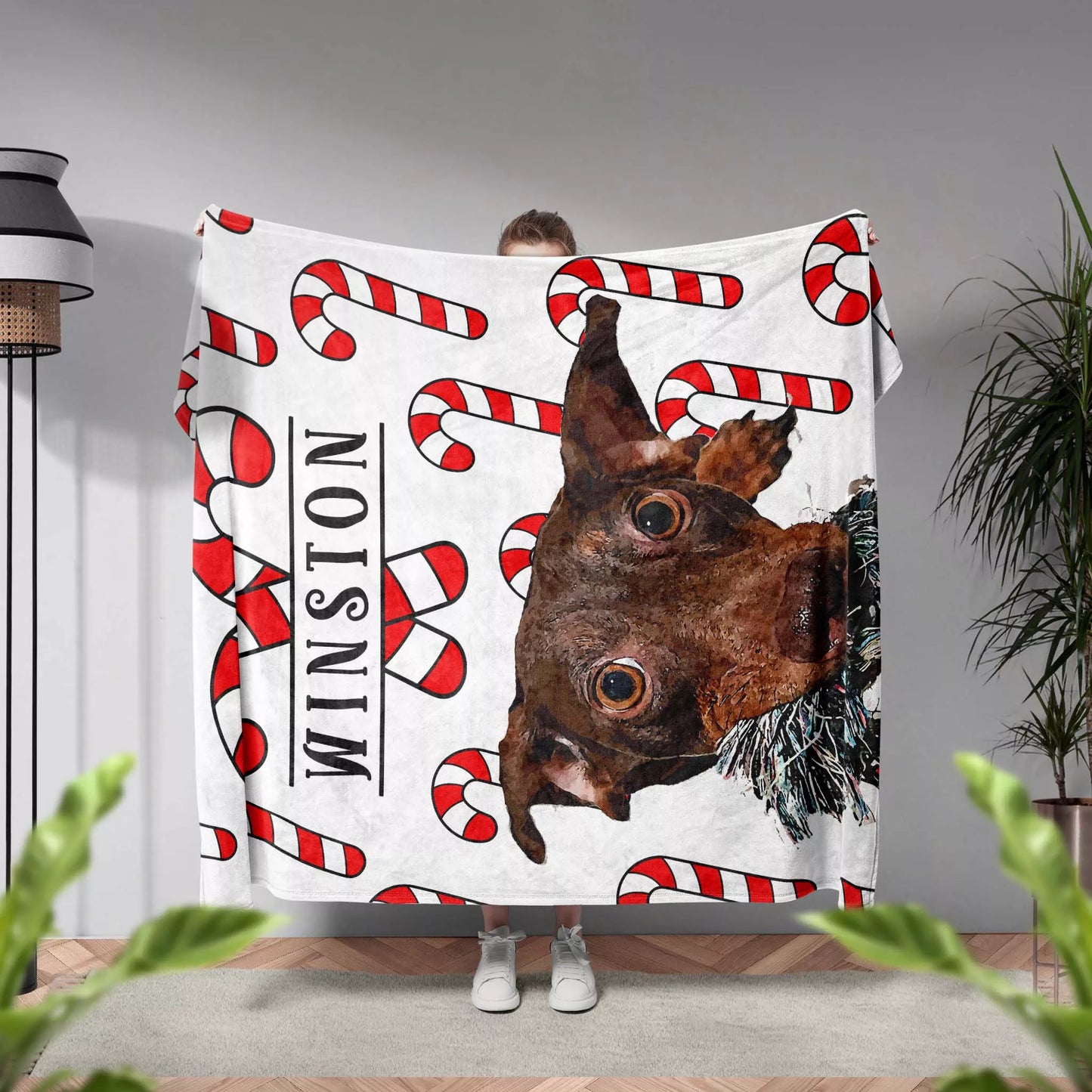 Christmas Patterned Custom Made Portrait Dog Blanket for Wiener Dog - FromPhotoToPainting