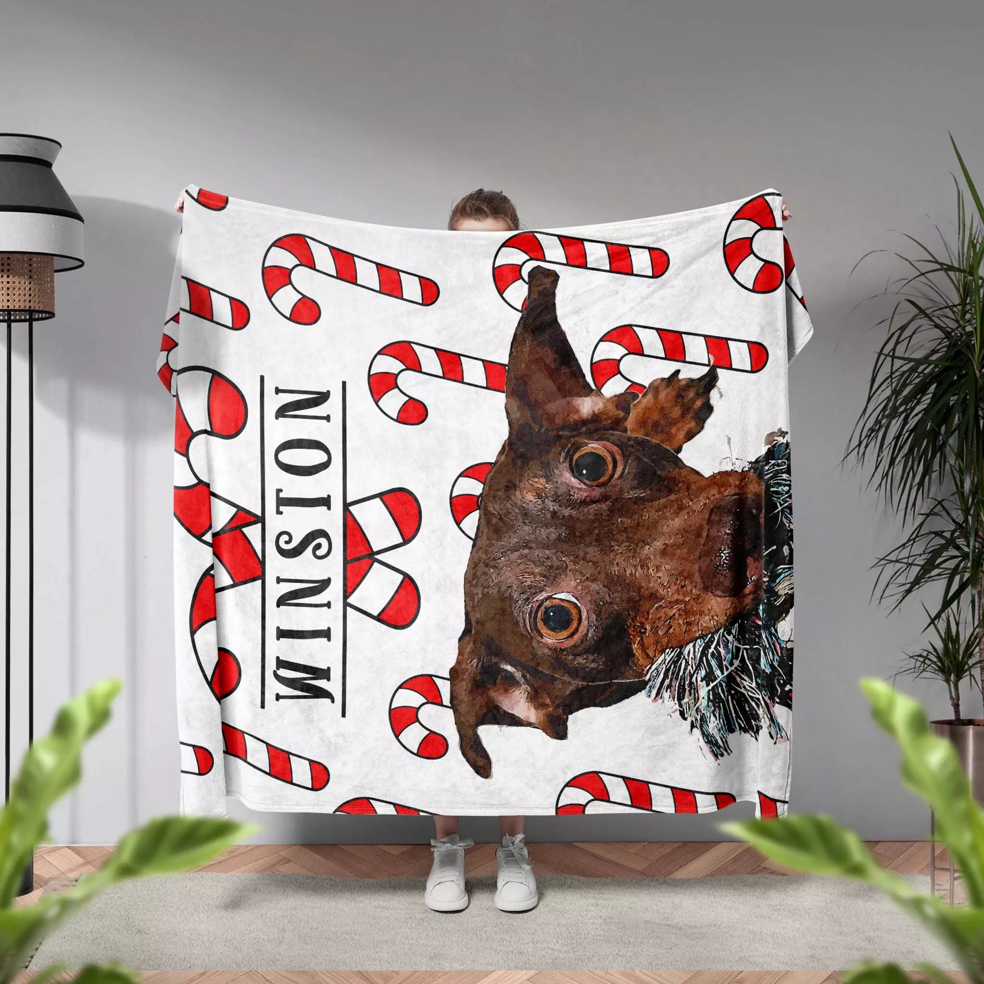 Christmas Patterned Custom Made Portrait Dog Blanket for Wiener Dog - FromPhotoToPainting
