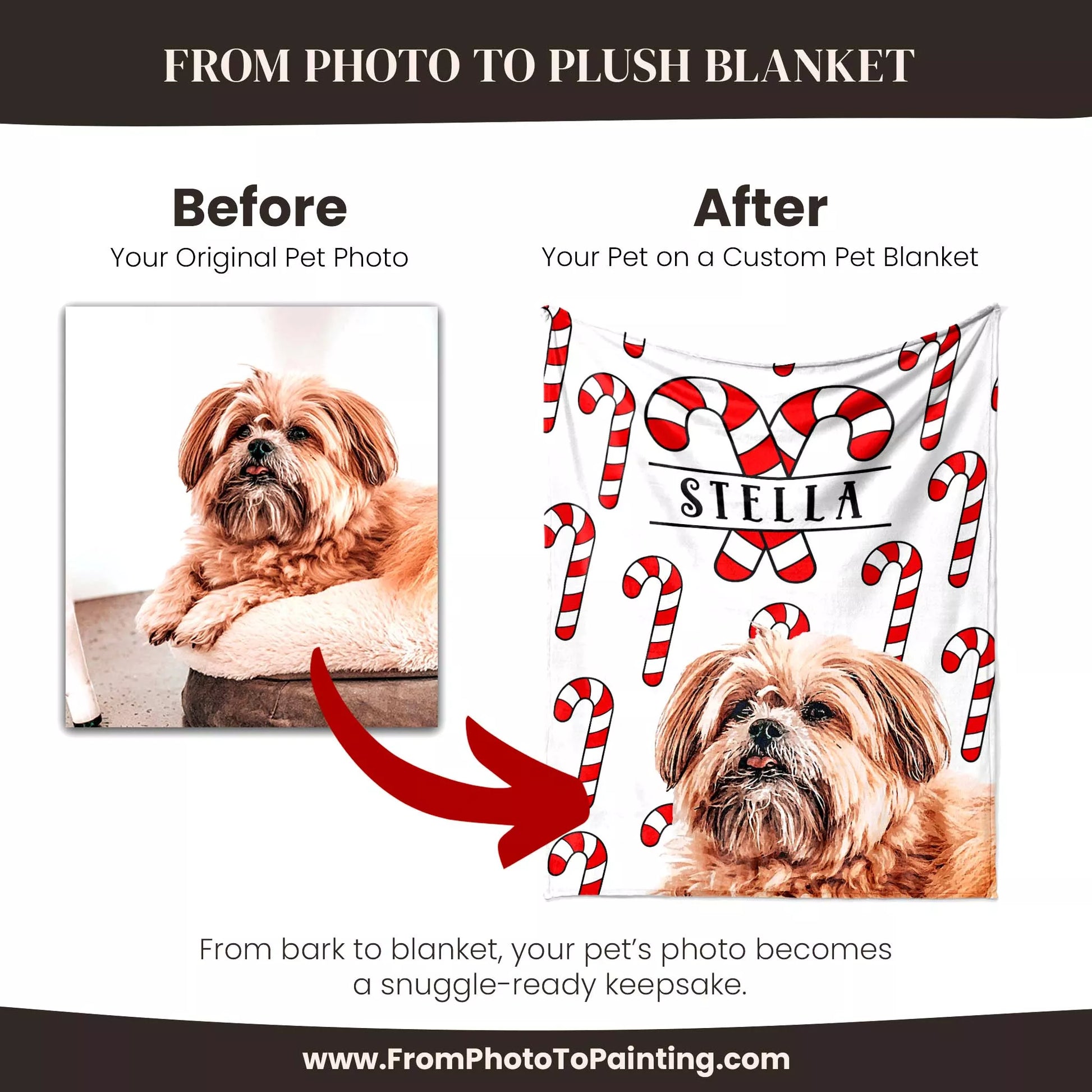 Christmas Patterned Customizable Dog Blanket with Shih Tzu - FromPhotoToPainting