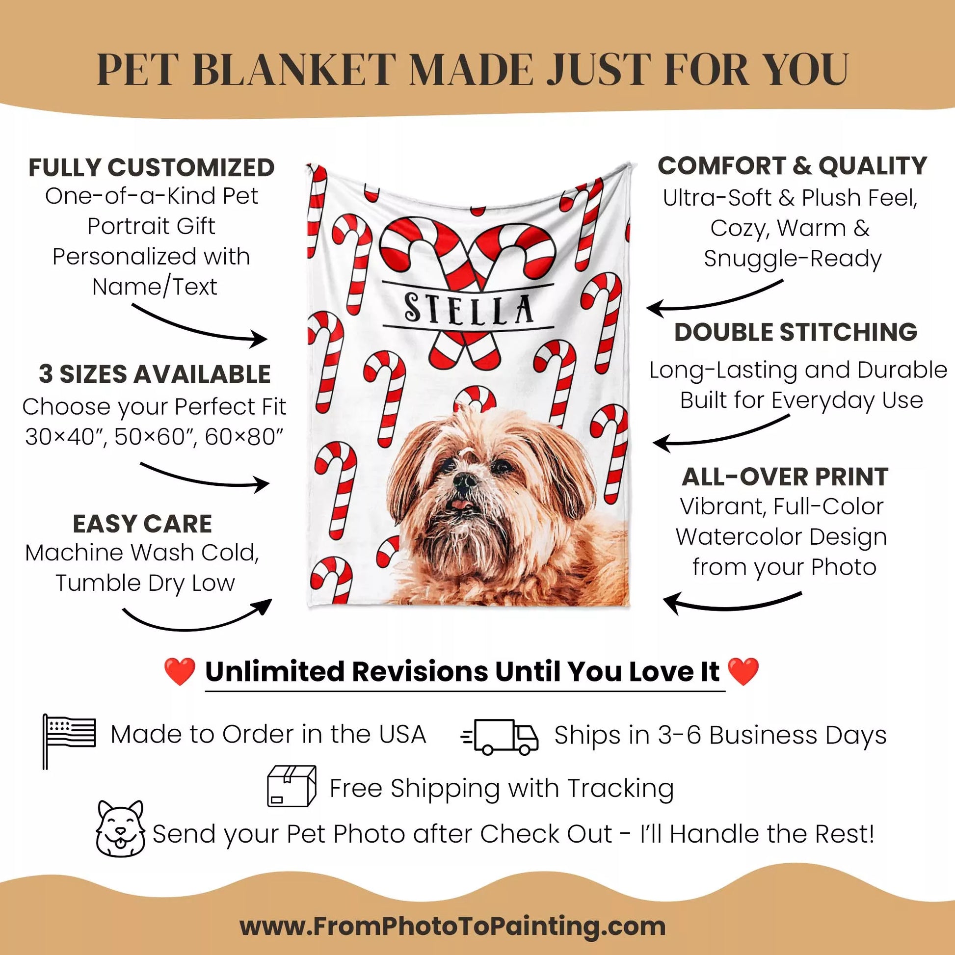 Christmas Patterned Customizable Dog Blanket with Shih Tzu - FromPhotoToPainting