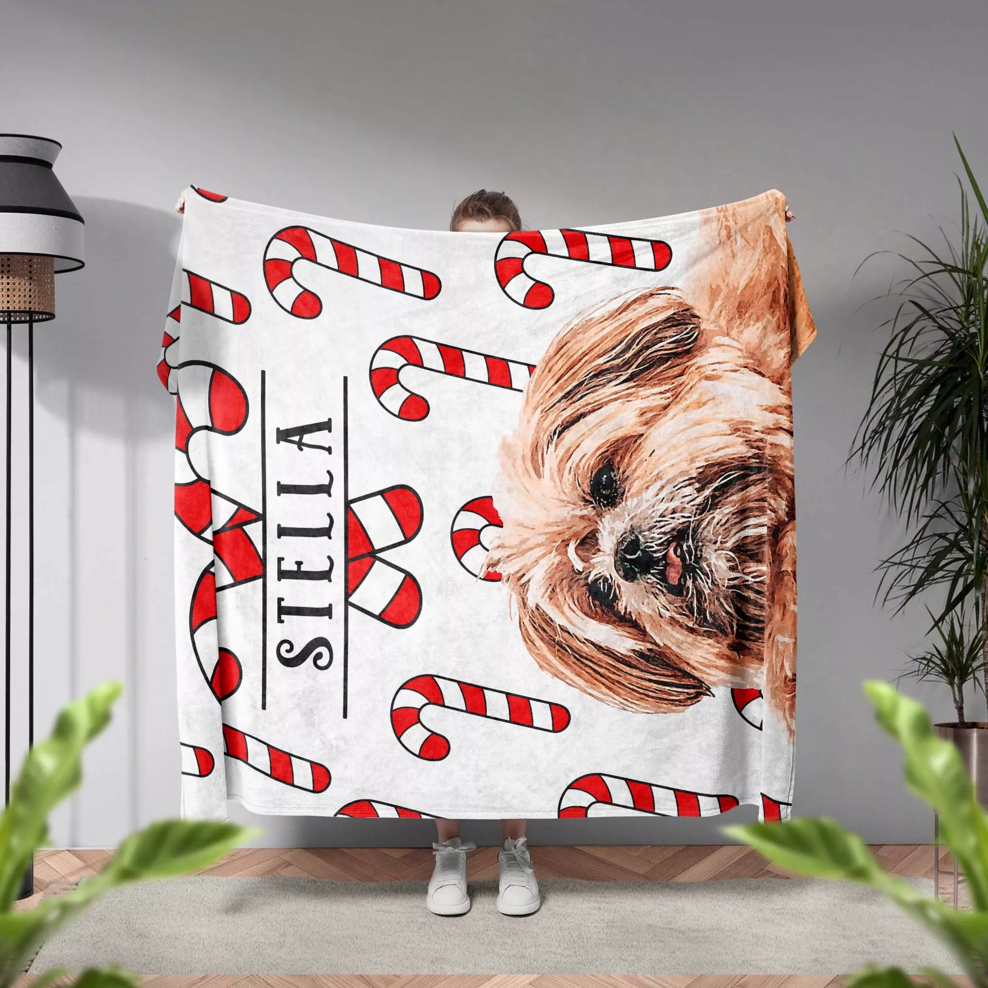 Christmas Patterned Customizable Dog Blanket with Shih Tzu - FromPhotoToPainting