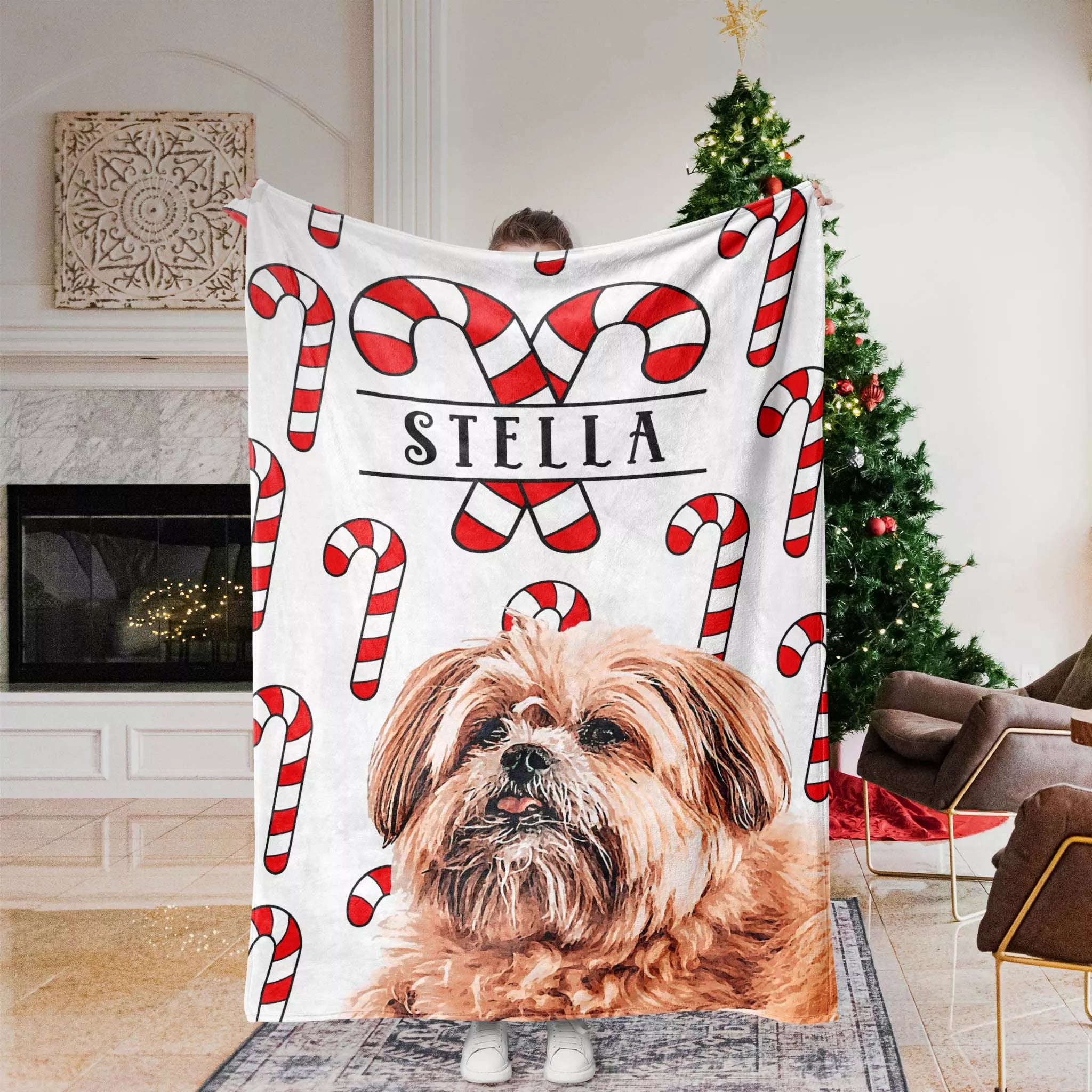 Christmas Patterned Customizable Dog Blanket with Shih Tzu - FromPhotoToPainting