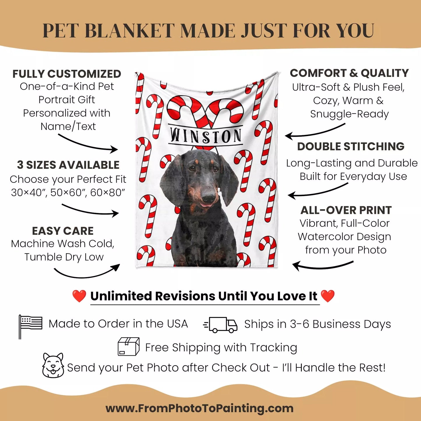 Christmas Personalized Dog Blanket for Wiener Dog - FromPhotoToPainting