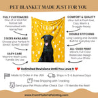 Custom pet blanket with a dog's photo on a yellow background, featuring text about the product's features.
